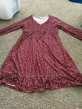 Burgundy V-Neck Long Sleeve Floral Dress